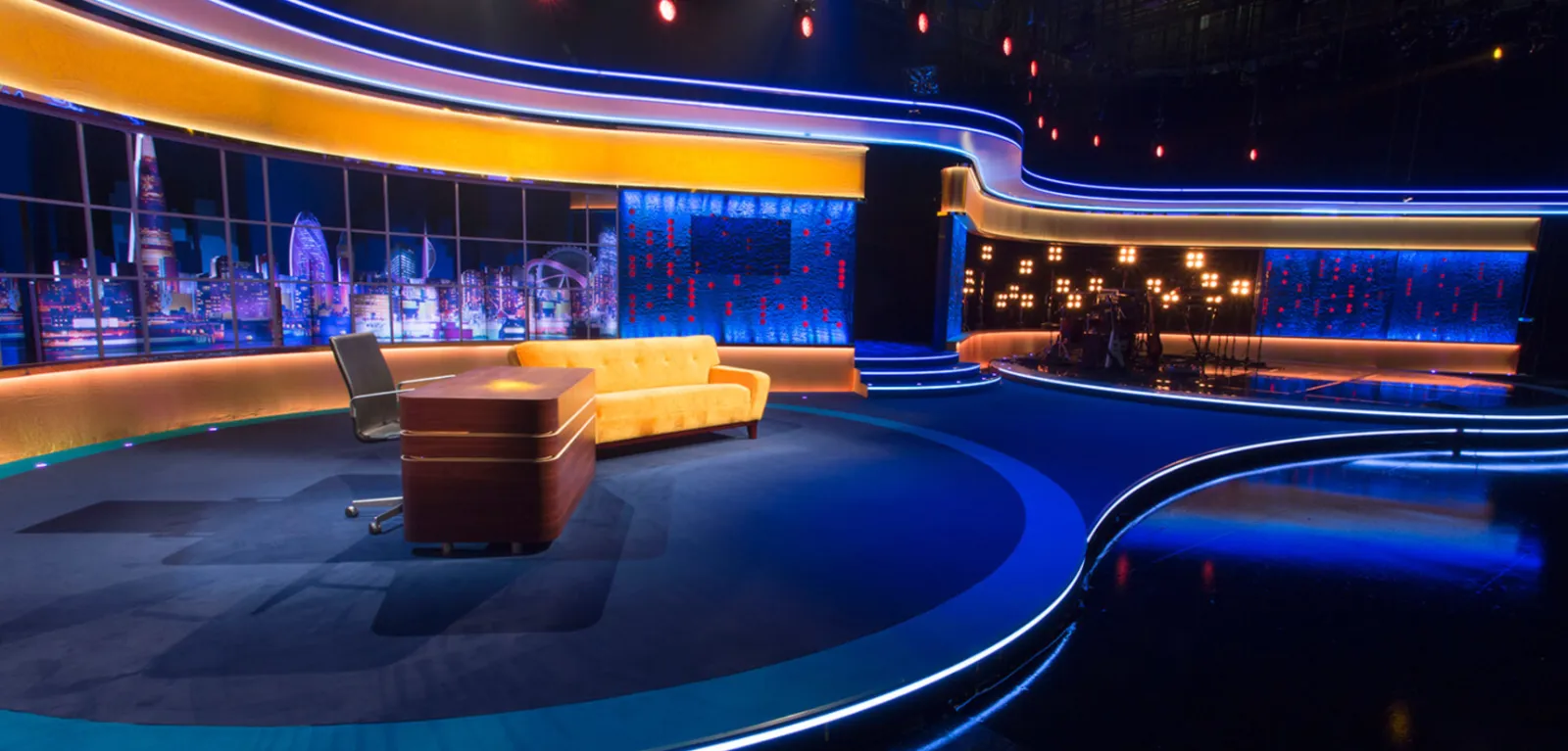 Finished chat show set, lit for broadcast